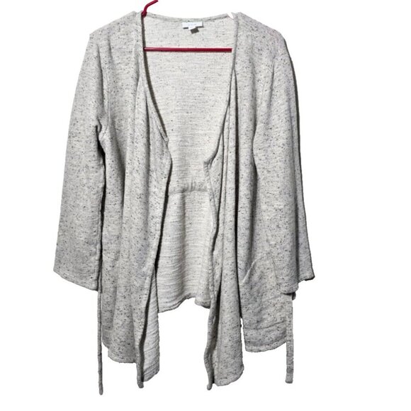 Pure Jill Cardigan L Speckled Gray Tie Waist 3/4 Sleeve Breathable Pockets Comfy - Picture 1 of 13